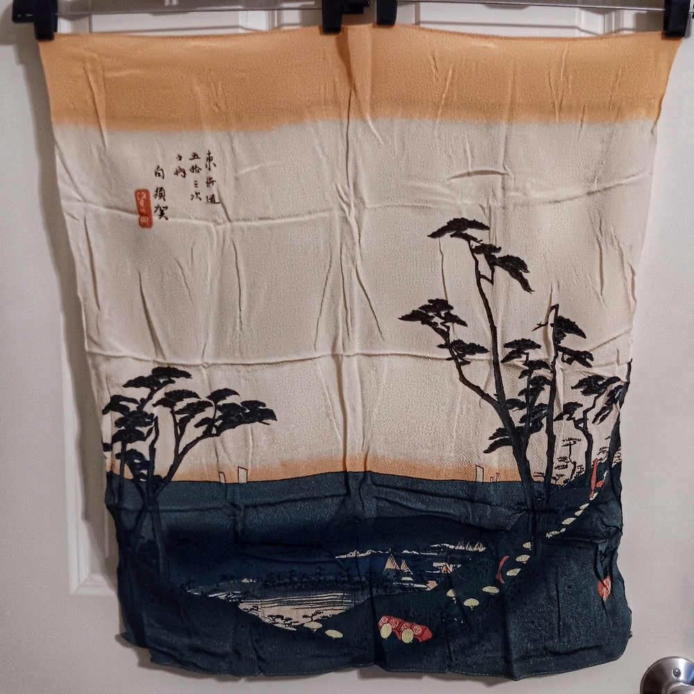 Vintage Japanese Rayon Textile Panel Oimatsu Pine Landscape Fujimyabi